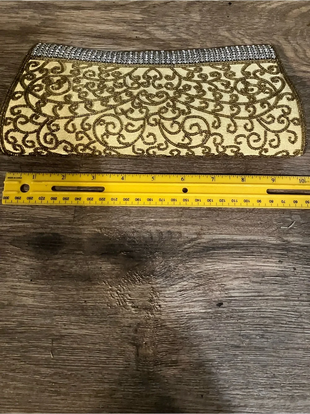 Gold Beaded Scroll Clutch with Rhinestone Trim